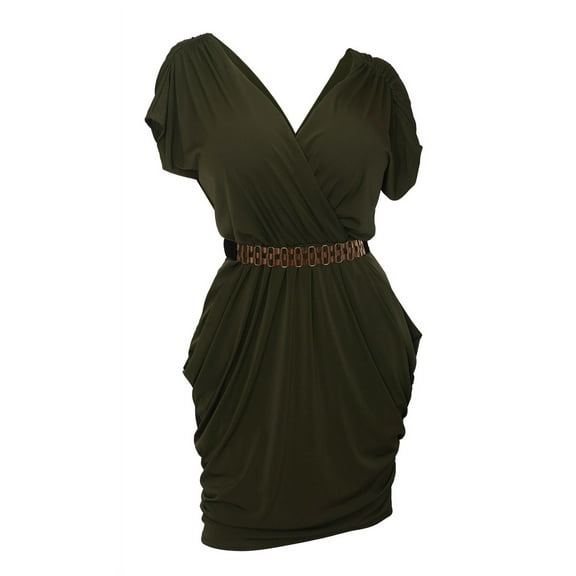 eVogues Plus size Deep V-Neck Wrap Bodice Dress Dark Olive Green