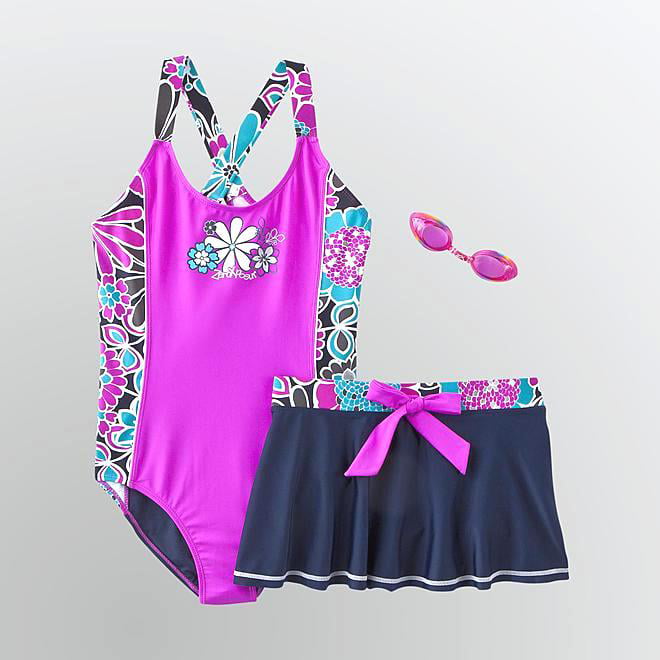 ZeroXposur Girls Orchid Flower Two-Piece Swimsuit & Goggles Size 5 6 New $42 