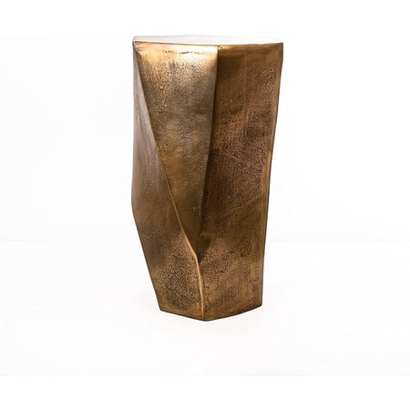 Quality Home Textured Cast Aluminum Open Column White Marble Base Round Drink Side Table, 10”W x 24”H, Antique Brass