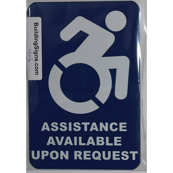 Assistance Available Upon Request Sign (White/Blue,Aluminium, 4X6, Double Sided Tape)-The Pour Tous Blue LINE