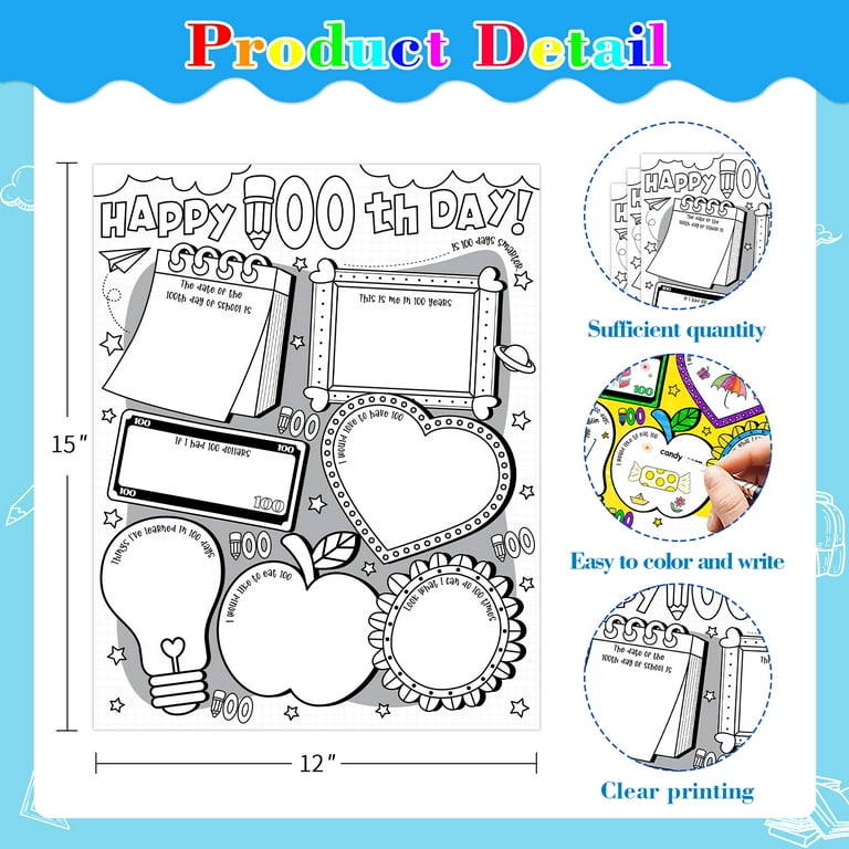 waahome-24pcs-happy-100th-day-poster-all-about-me-100th-day-of-school-educational-chart-poster-diy-color-100th-day-activities-100th-day-of-school-decorations-for-school-students-classroom-kids-teacher
