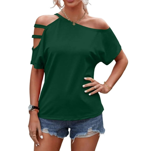 Women'S Off the Shoulder Top Short Sleeve Cutout Asymmetrical Neck T Shirt  Green L