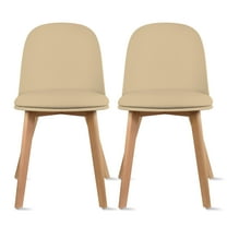 Set of 2 Armless Plastic Dining Chair Wood Legs for Dining Room Plastic Molded Seat With Cushion, Beige