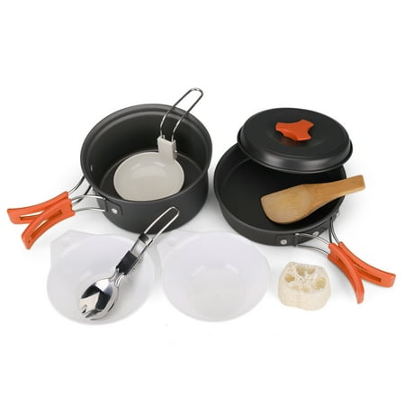 Camping Cookware Mess Kit Compact 10pc Hiking Cooking Gear Set - For Outdoors, Backpacking, Campfire - Lightweight Portable Non Stick Pot & Pan With Utensils - Nylon Bag Accessories