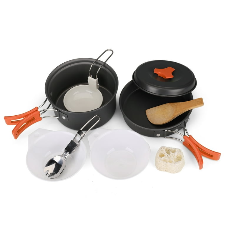 Camping Cookware Mess Kit Compact 10pc Hiking Cooking Gear Set - For  Outdoors, Backpacking, Campfire - Lightweight Portable Non Stick Pot & Pan  With Utensils - Nylon Bag Accessories (Orange) 