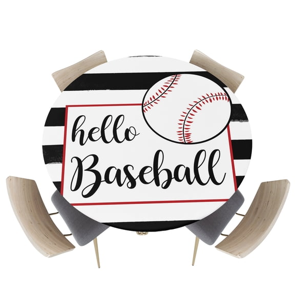 Fitted Round Tablecloths Table Covers 55-60in,Hello Baseball on Black and White Stripes Waterproof Elastic Edged Table Cloth for Kitchen Dining Holiday Party Tables Decor,Watercolor