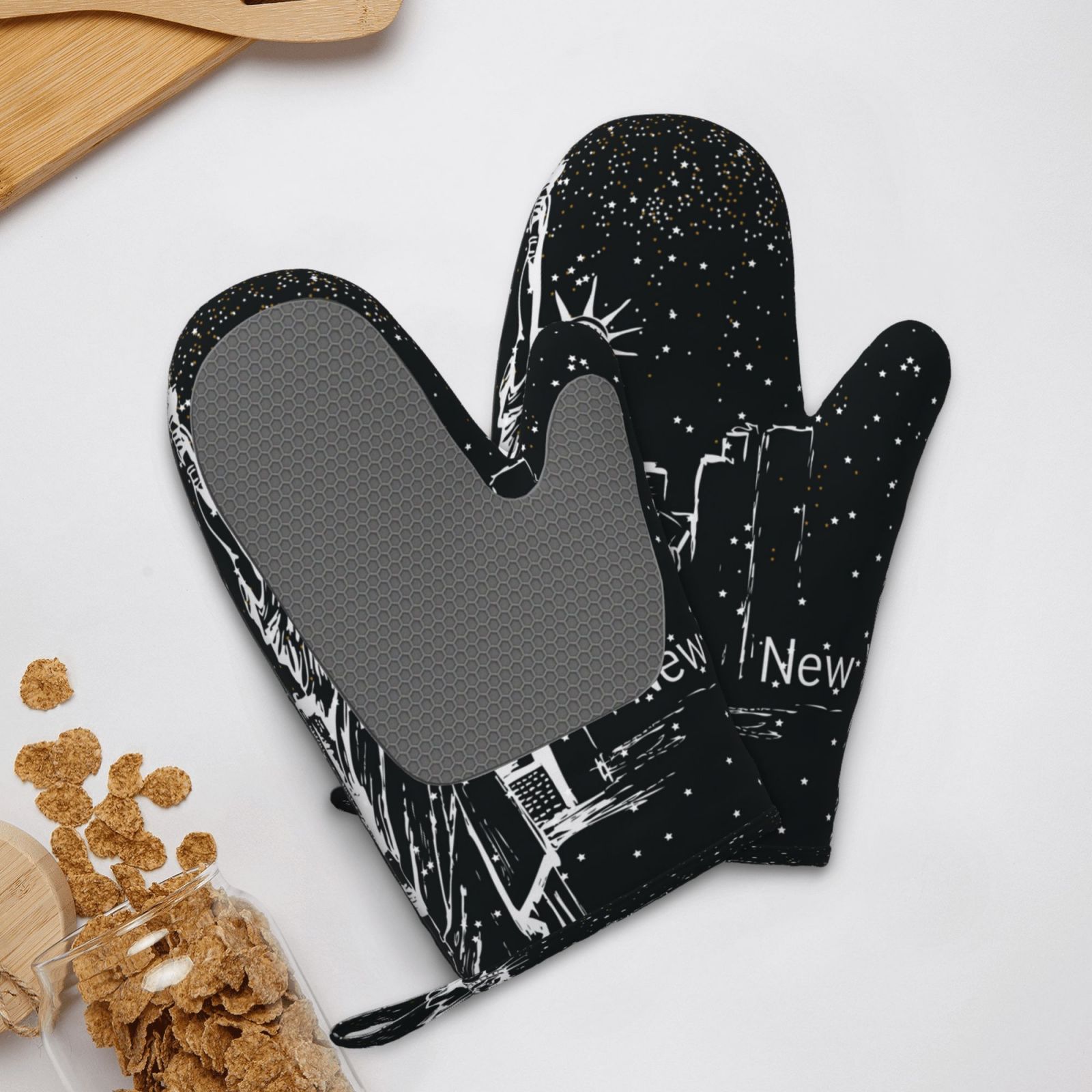 Hirioo New York City1 for Silicone Oven Mitts for BBQ, Baking, Cooking, Set of 2, Heat Resistant 260℃, Non-Slip Kitchen Essentials