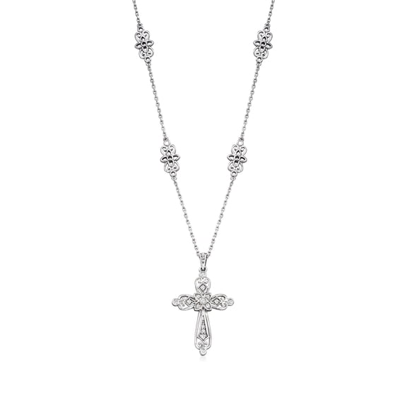Ross-Simons 0.25 ct. t.w. Diamond Openwork Cross Necklace in Sterling Silver, Women's, Adult