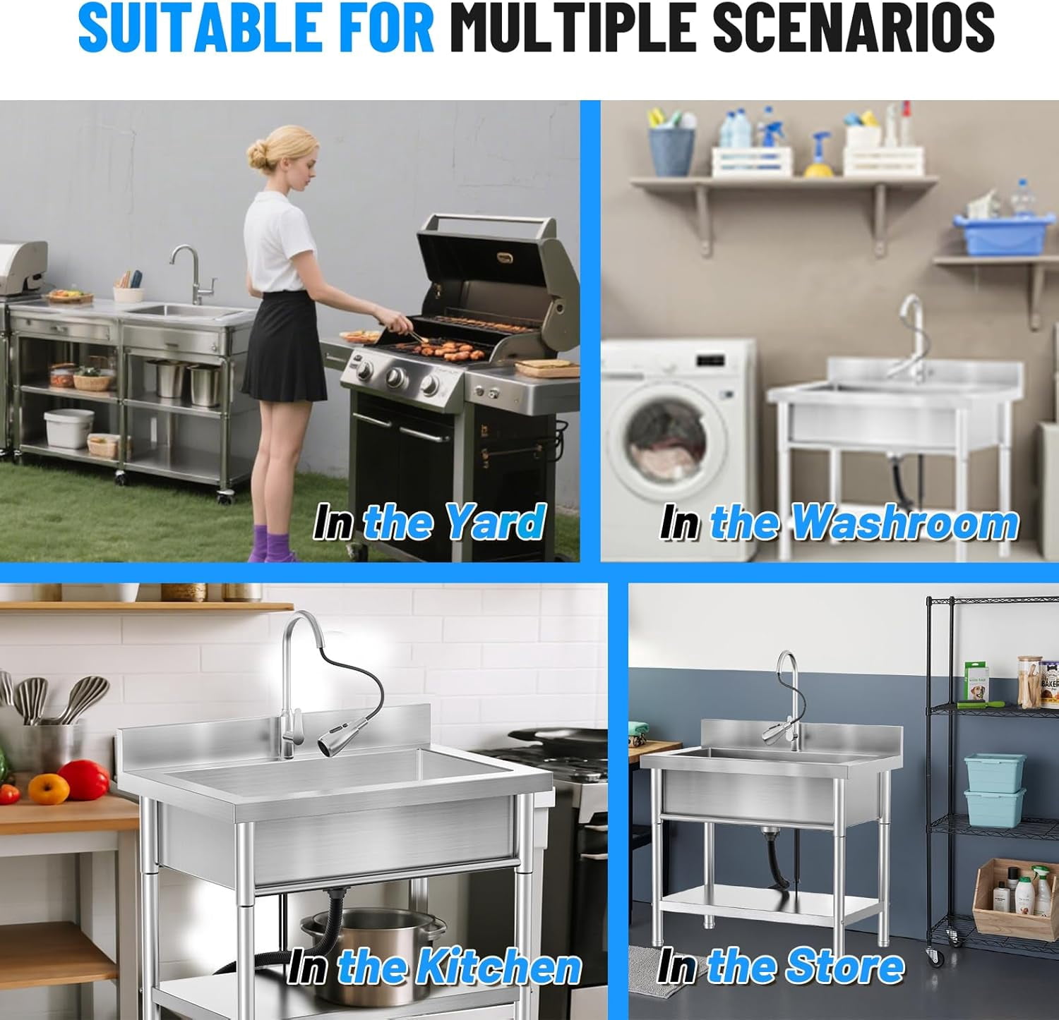 Freestanding Utility Sink, 40" Heavy Duty Stainless Steel Laundry Sinks for Garage, Outdoor Kitchen or Workshop, with Cold and Hot Water Faucet,Hoses and Drain Kit