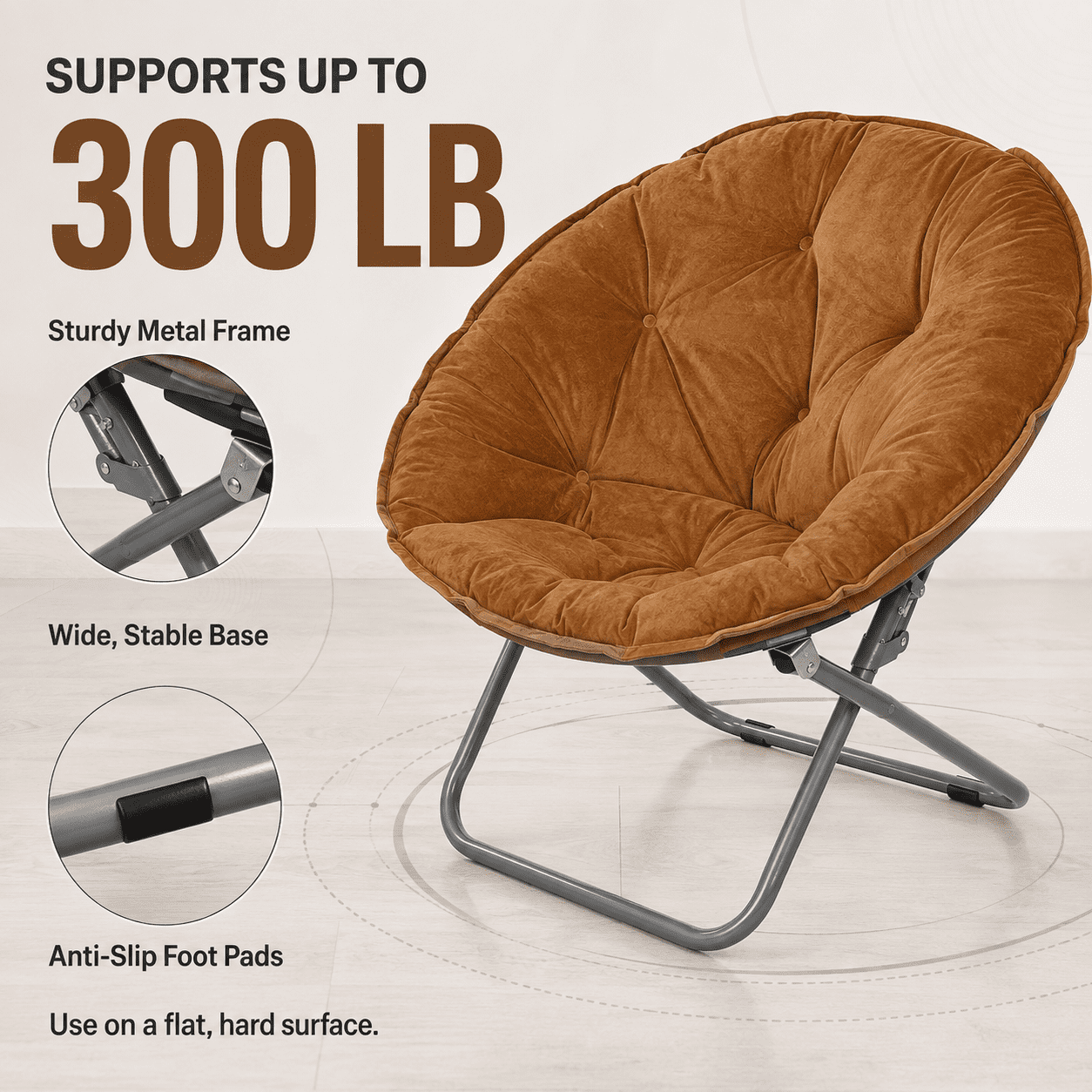 CLOUDREST PRO Soft Plush Folding Saucer Chair for Adults, Padded Round Lounge Seat, Metal Frame, 300 lb Capacity, Brown
