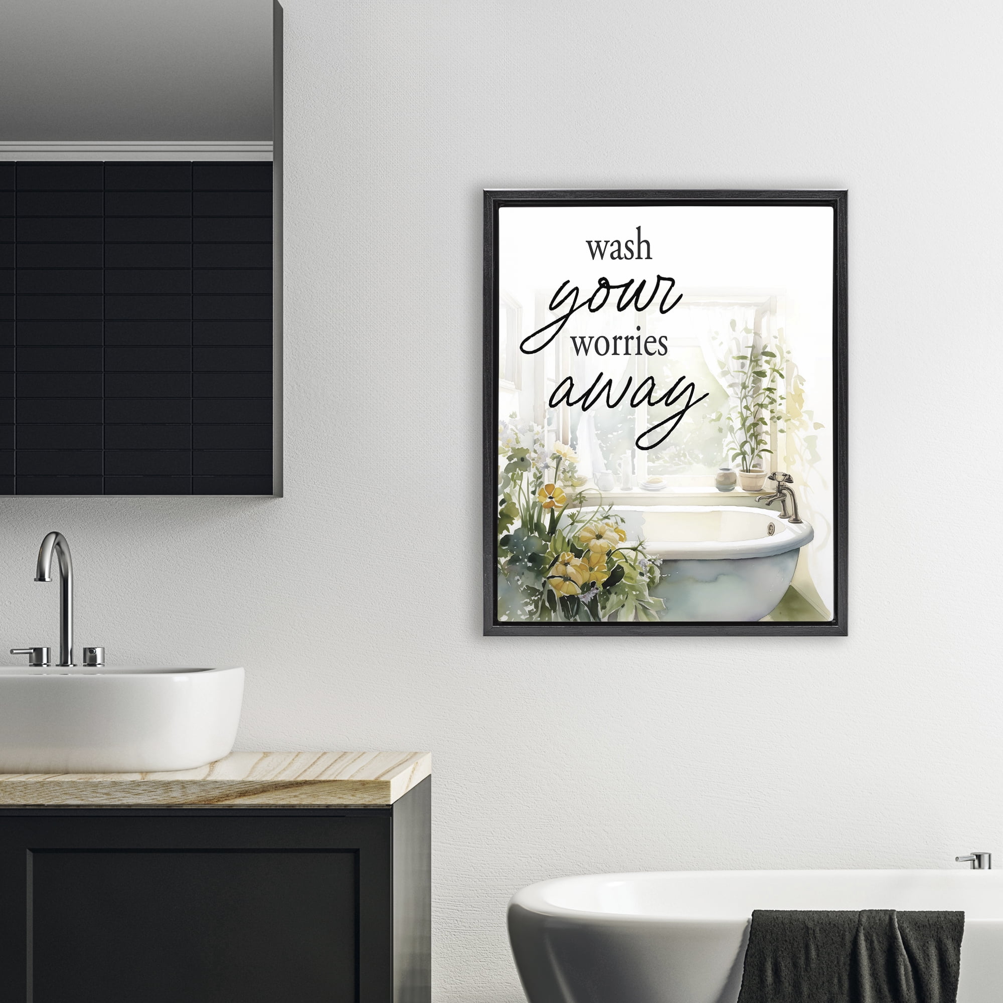 Wash Worries Away Sunlit Bath Black Framed Floater Canvas Wall Art, design by Lettered and Lined