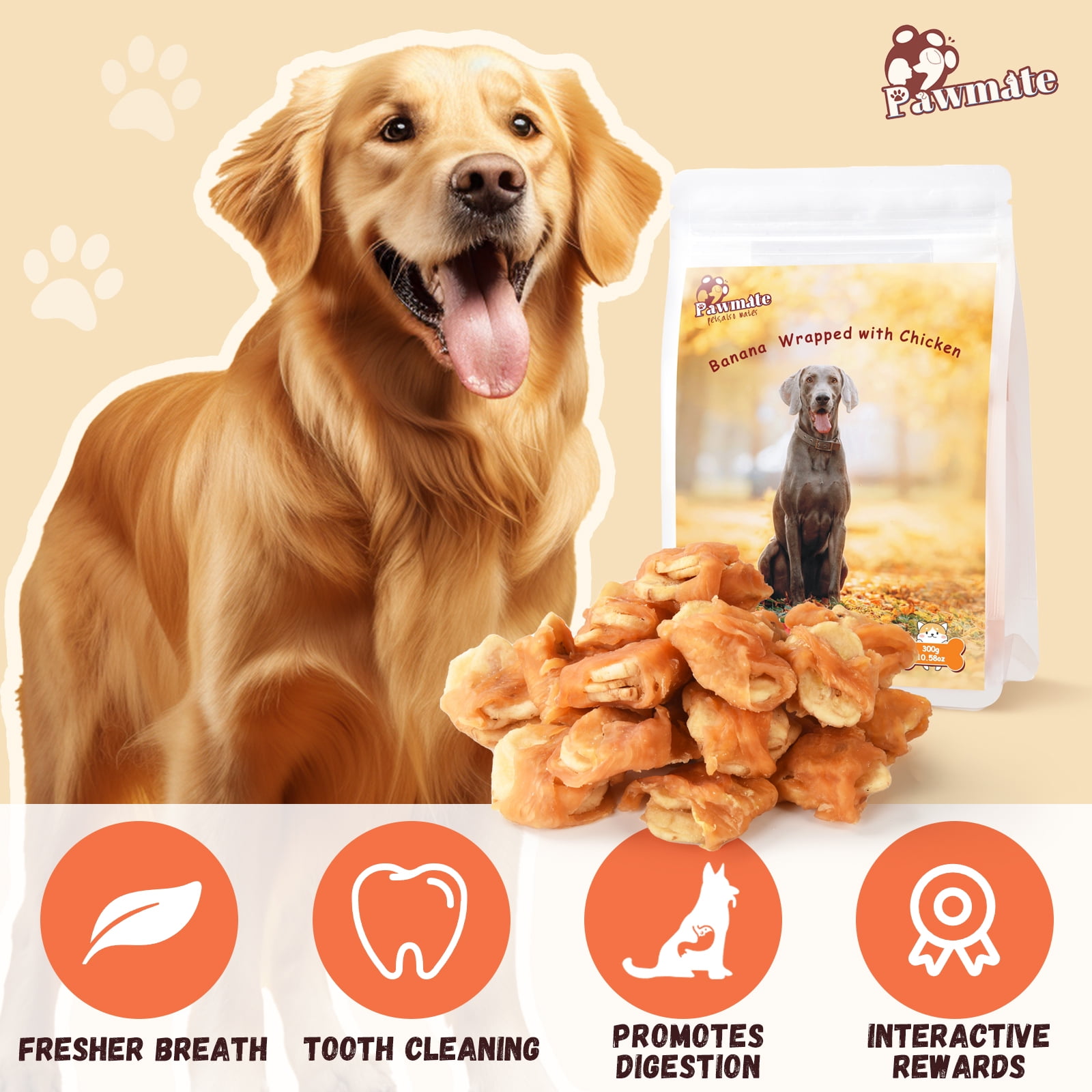 (2 pack) Pawmate Promote Digestion Natural Dog Treats, Chicken Jerky Wrapped Bananas for All Dogs, 18-19ct Bag, 11 oz
