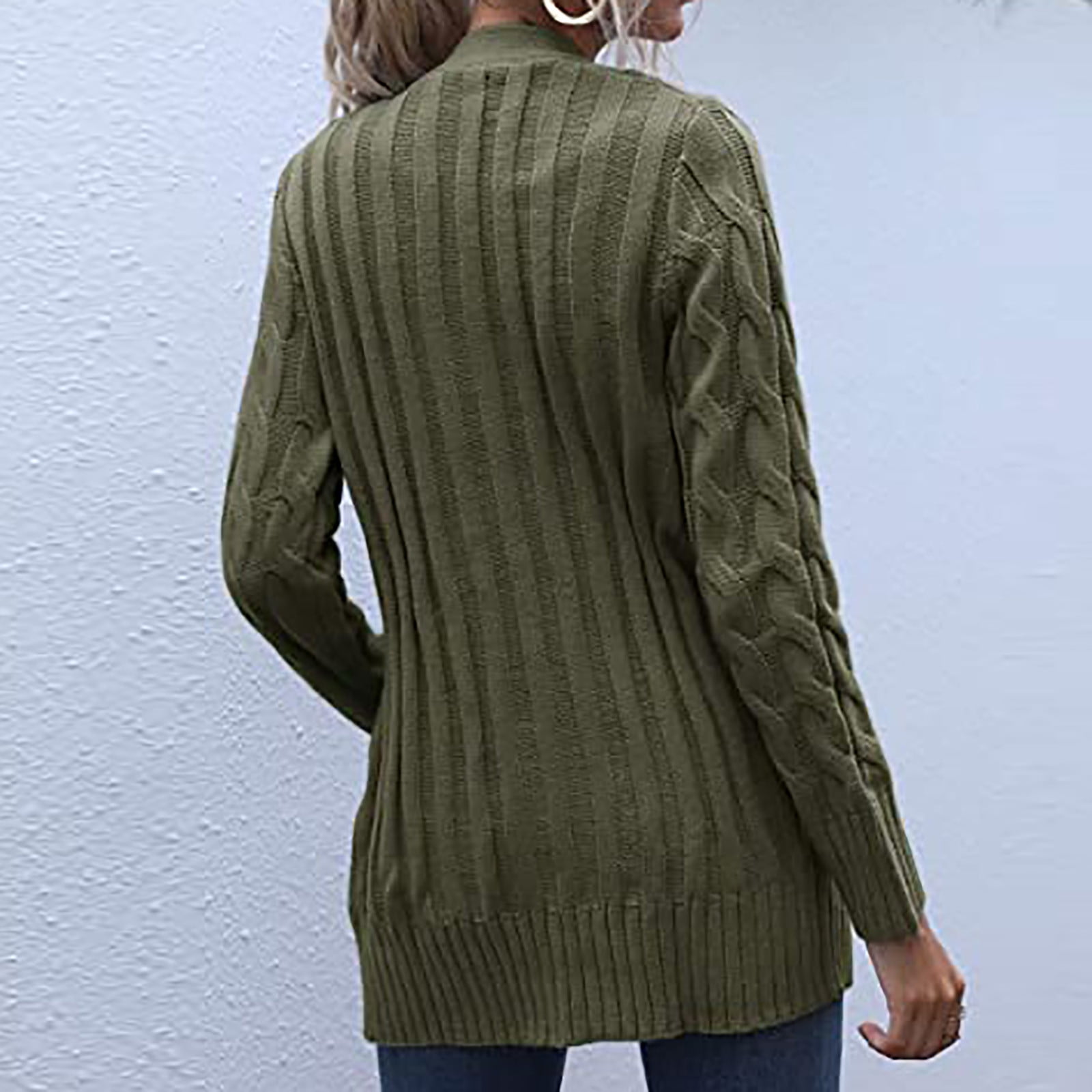 Cable Knitted Sweater Cardigans for Women Cozy Warm Open Front Button Down Jacket Outerwear with Pockets (XL, Green) - image 4