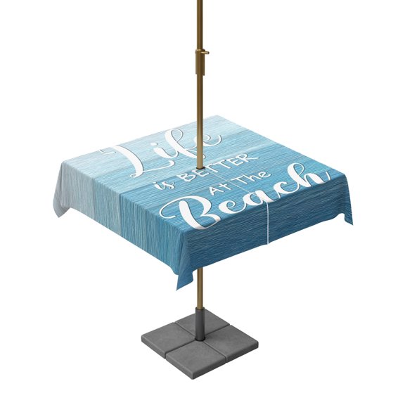 Outdoor Tablecloths with Umbrella Hole & Zipper, Blue Summer Beach 60x60 Inch Square Tablecloths, Coastal Vacation Blue Wooden Waterproof Table Cloth, Patio/Pool/Picnic Table Covers