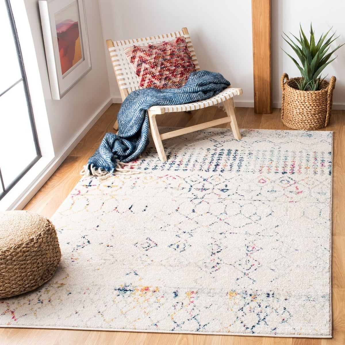 SAFAVIEH Tulum Coriander Moroccan Geometric Area Rug, 5' x 5' Square, Ivory/Blue