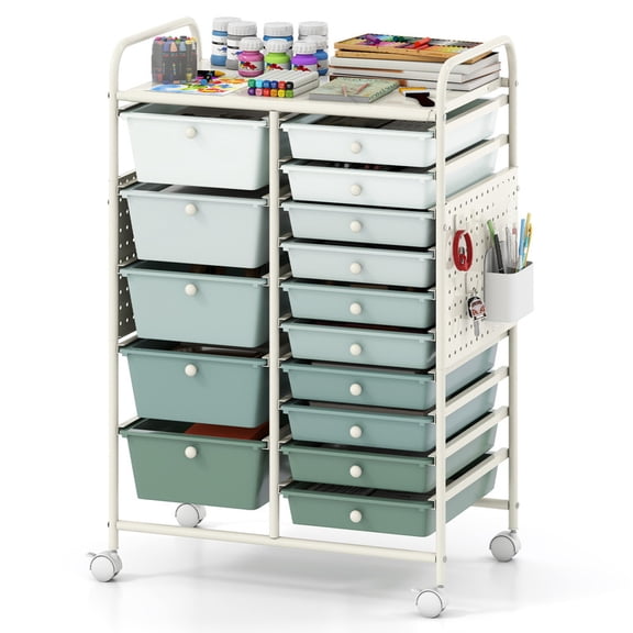 15-Drawer Rolling Storage Cart with Metal Tabletop and Pegboard, Scrapbook Paper Office School Organizer,Green