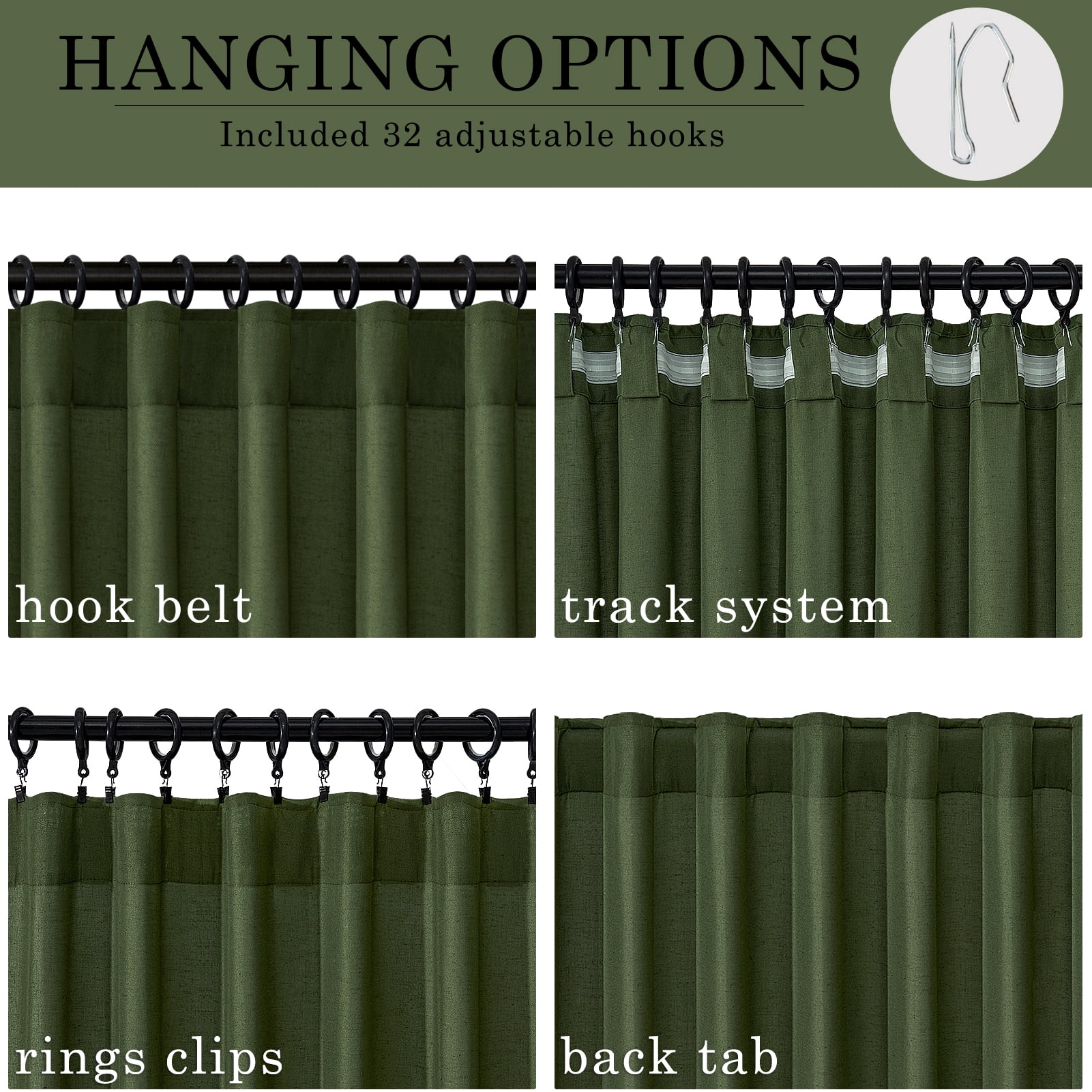Topfinel Olive Green Linen Semi Sheer Curtains 84 Inches Long,Spring Boho Bedroom Living Room Home Decor,Cotton Linen Blended Light Filtering ,Back Tab Window Curtain with Hooks ,Set of 2
