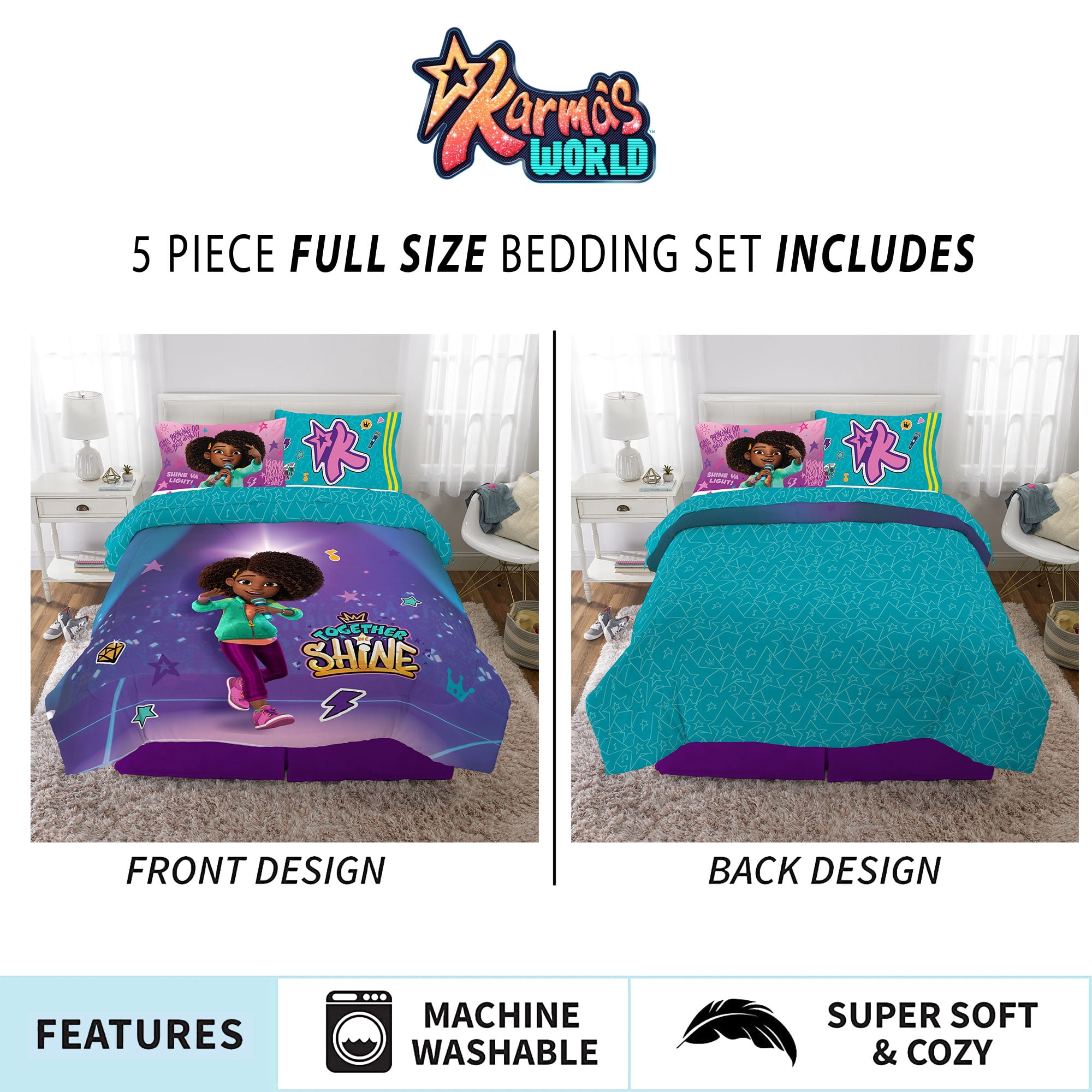 Karma's World Kids Full Bed in a Bag, Comforter and Sheets, Purple and Teal