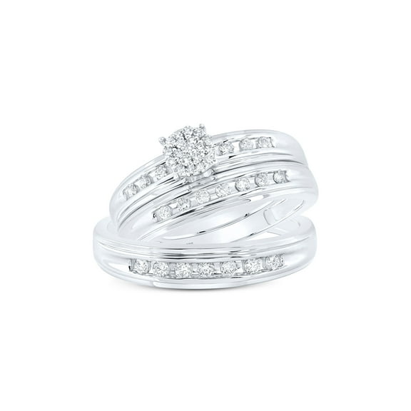 Sterling Silver His Hers Round Diamond Cluster Matching Wedding Set 3/8 Cttw