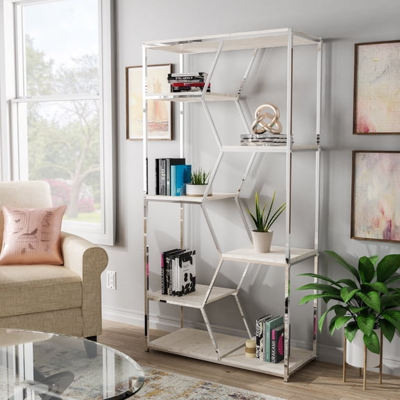Marion 6-Shelf Metal Bookcase, White and Chrome
