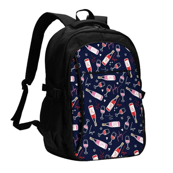 Kdxio Love Wine Print USB Backpack with Charging Port Laptop Bag Large Capacity Travel Work School Bag
