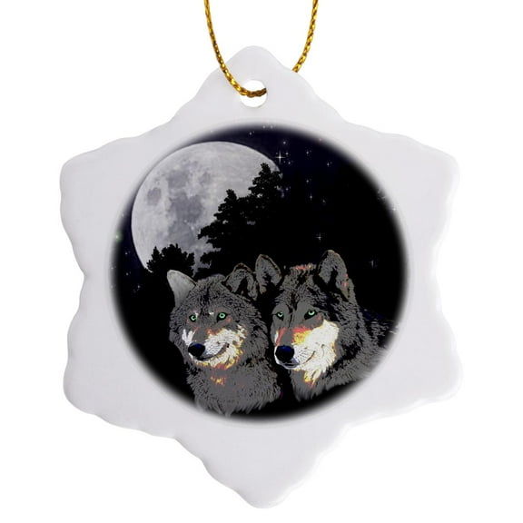 3drose, Rocky Mountain Wolves, 3 inch Snowflake Porcelain Ornament