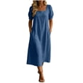 thumbnail image 2 of ClodeEU Women's Square Neck Puff Sleeve Midi Dress,Casual Loose Fit Dress with Pockets Navy,Women's Plus L, 2 of 8