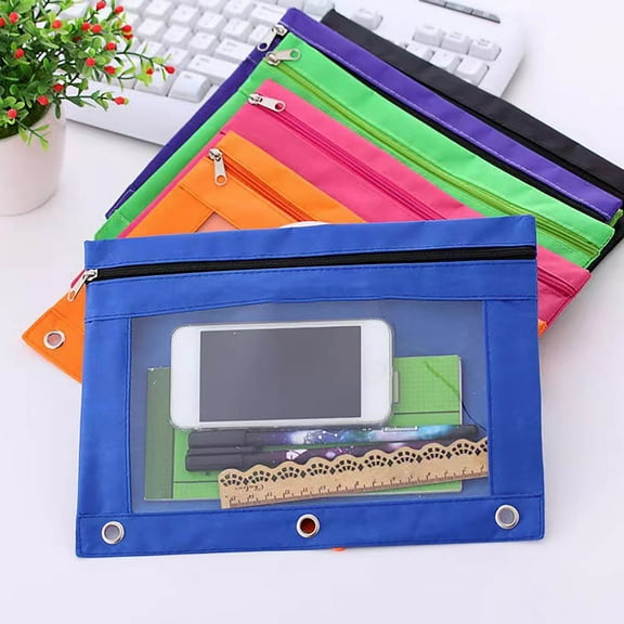 Pencil Pouch for 3 Ring Binder, Zipper Pencil Case Bag Three Hole with Clear Window Pencil Case Single Zipper Transparent PVC Document Storage Bag Detachable Folder Large Capacity Pencil Case, Blue