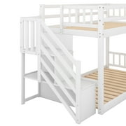 Euroco Wood Twin over Twin Floor Bunk Bed with Staircase for Kids Teens Room, White