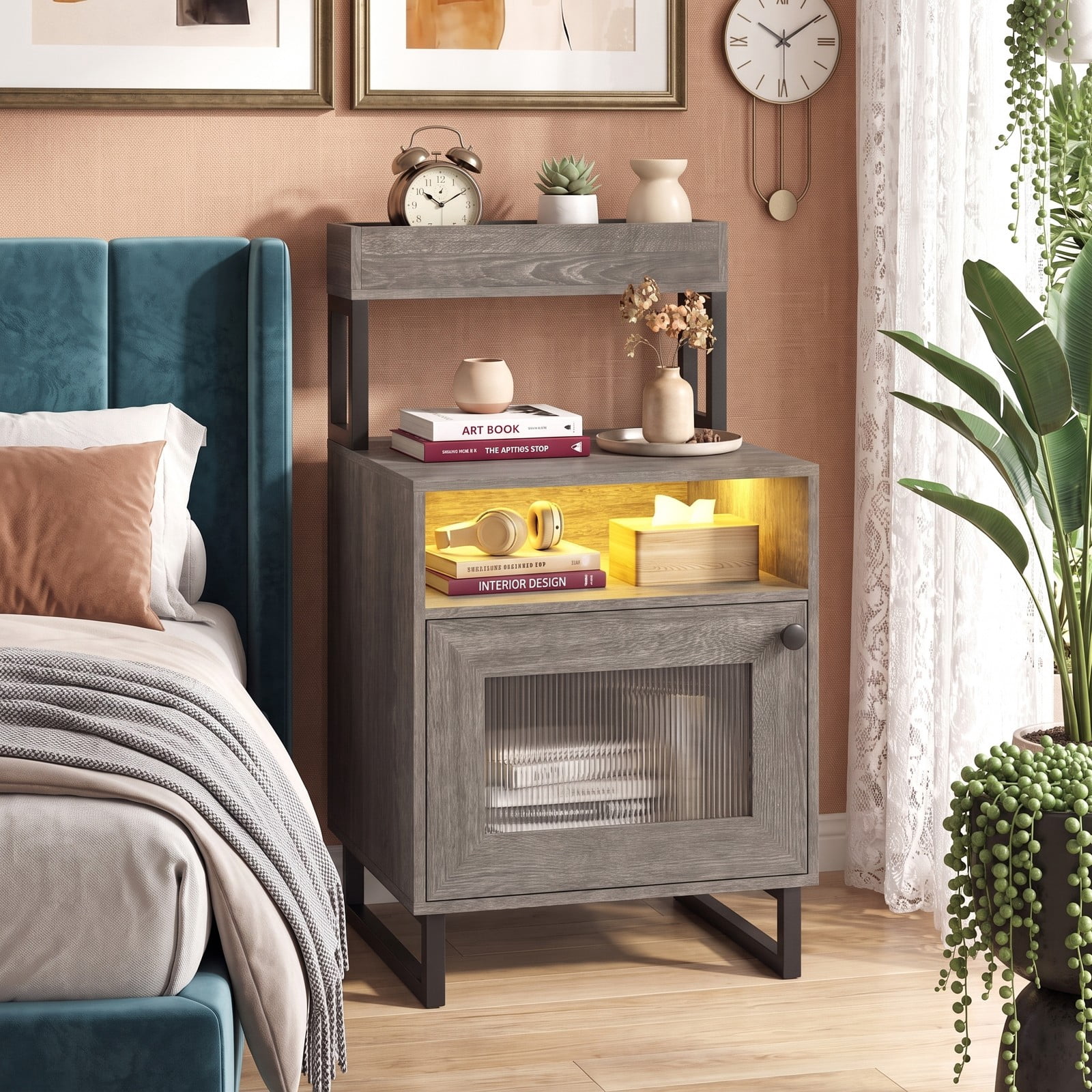 Furnibear Nightstand with LED Lights and Fluted Glass Cabinet Door plus Open Compartment and Raised Display Shelf for Bedroom and Living Room, Gray
