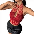 thumbnail image 1 of Top Corto de Encaje con Espalda Halter para Mujer, Estilo Cheongsam , con Cuello Halter Vino Tinto M, 1 of 10