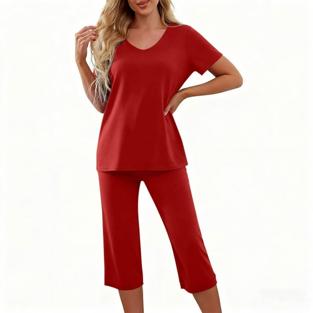 Conjunto de 2 piezas de blusa de manga corta y pantalón largo con cintura elástica y bolsillos para mujer