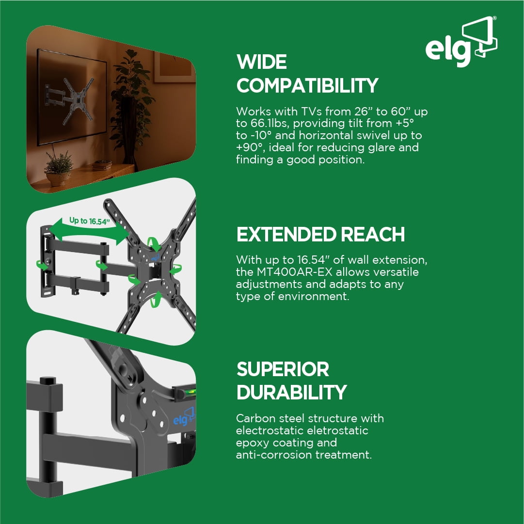 Full Motion MT400AR-EX TV Wall Mount 26–60 Inch Swivel Tilt Extend Dual Arm VESA 400x400 Supports up to 66 lb