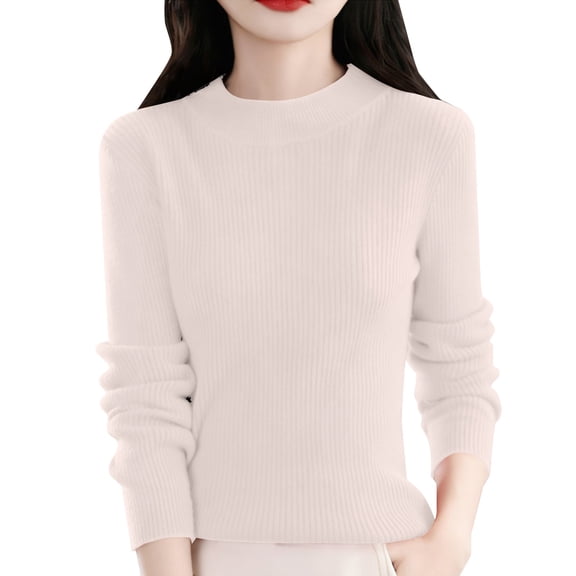 ManxiVoo Women Knit Pullover Semi High Neck Classic Stripe Thick Warm Soft Sweater for Everyday Comfort L Size Beige