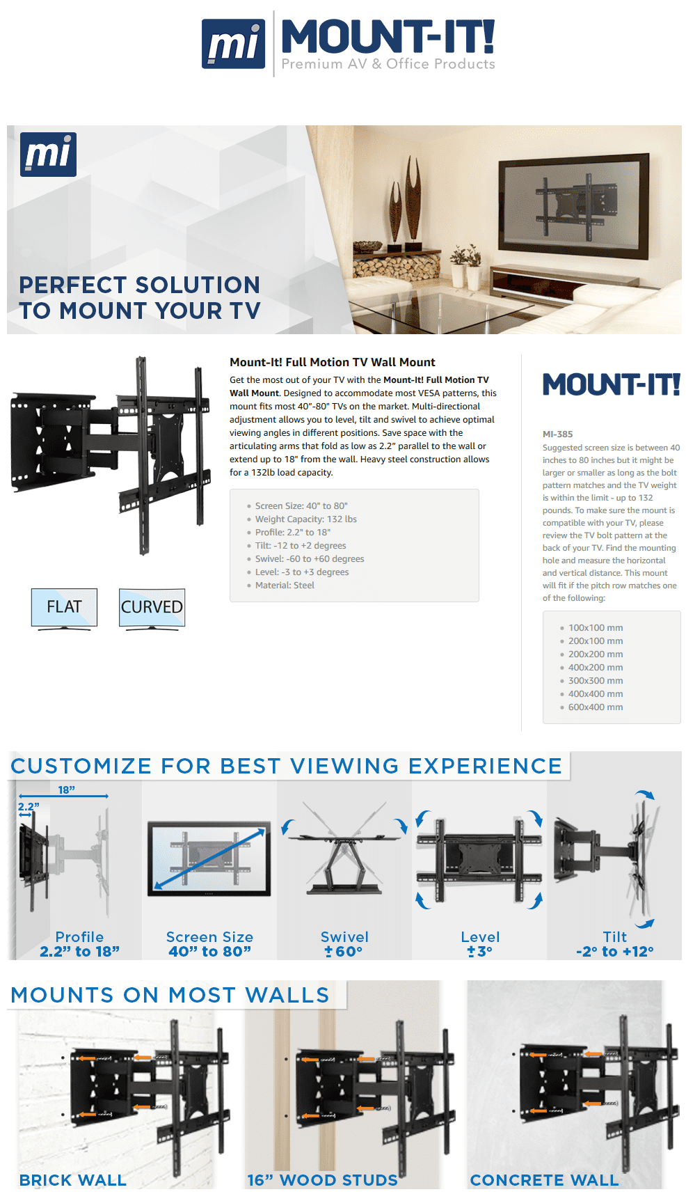 Mount-It! Full Motion TV Wall Mount with Swivel and Tilt, Fits 40" to 80" Screens, 132 lbs. Capacity