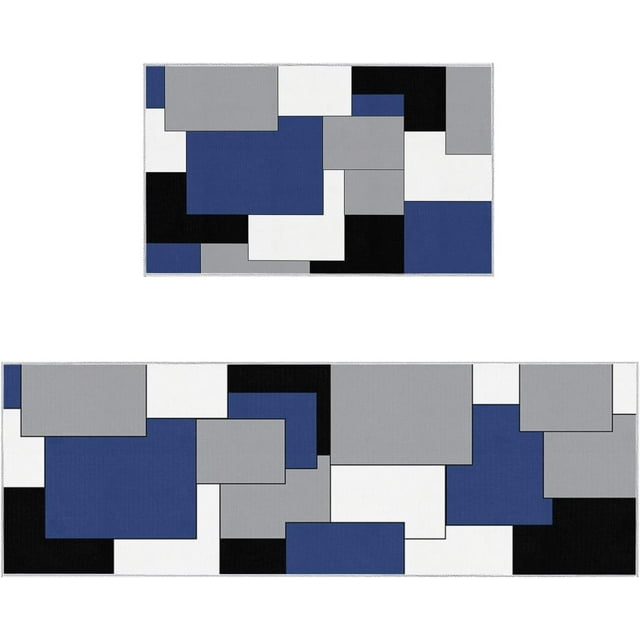 Navy Blue Black and Gray Plaid Abstract Art Mid-Century Kitchen Rugs and Mats Set of 2 Kitchen Sink Mat,Non-Slip Area Runner Rug,Washable Floor Mat for Home Dining Room Office 18"x30"+18"x48"
