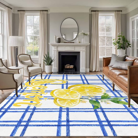 Summer Lemon Watercolor Area Rugs 5'x8', Washable Small Throw Rugs for Classroom Bedroom, Geometric Blue Line Plaid Indoor Outdoor Rug Non-Slip Low Pile Carpet Runner Reversible Floor Mats