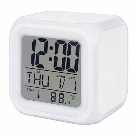 Pure White Digital Alarm Clock for Bedrooms, Smart LED Alarm Clock with 7 Color Changing Night Light, Simple Solid Color Silent Wake Up Clocks for Sleep Study Cooking 3.2x3.2