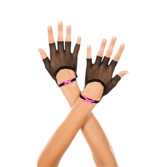 Fishnet fingerless gloves with satin bow wrist band 477-BLACK/PINK