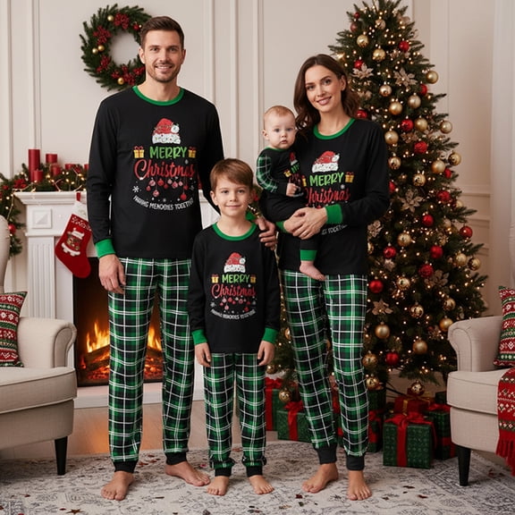 Family Matching Christmas Pajama Set Letter Print Long Sleeve Tops Plaid Elastic Waist Pants