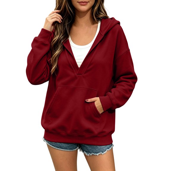 cocolona Pullover Hoodies for Women Deep V Neck Long Sleeve Trendy Sweatshirts Casual Solid Color Tops