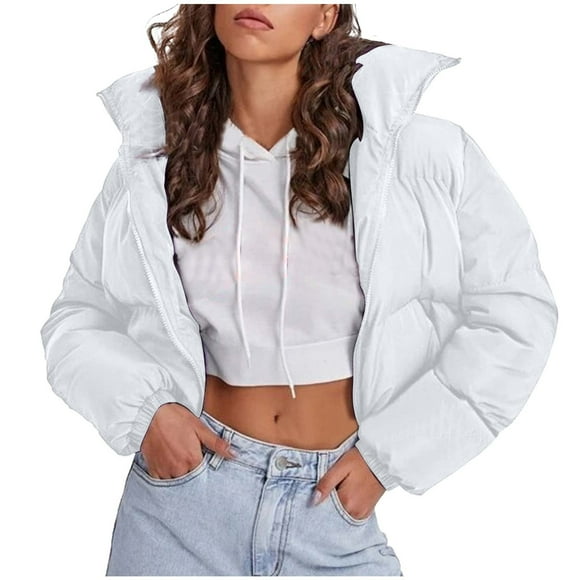 Wyzesi White Jacket Women's Winter Cropped Jacket Long Sleeve Oversized Stand Collar Zip Up Short Down Coat Coats For Women Winter White Winter Coats For Women Water Proof Long Length
