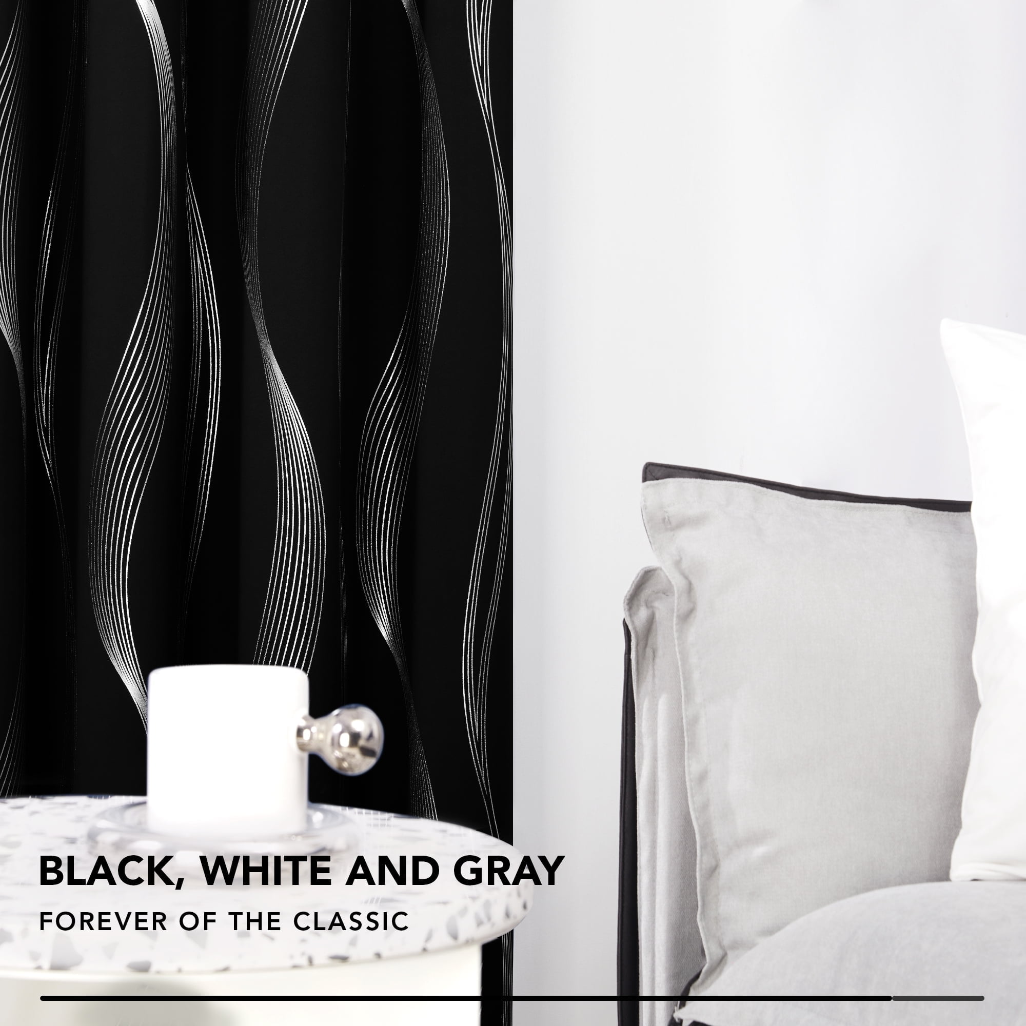 Deconovo Blackout Curtains for Bedroom, 84 inch Curtains, Grommet Thermal Insulated Curtains with Silver Wave Lines (52 x 84 inch, Black, 2 Panels)