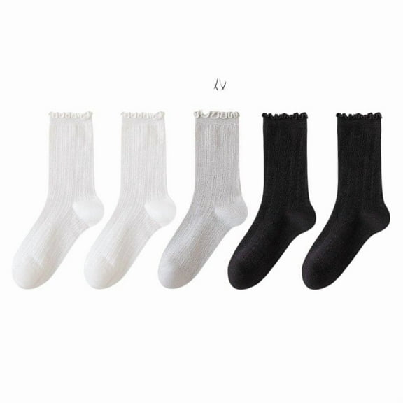 Women's Ribbed Crew Socks with Ruffle Lettuce Trim Soft Stretch Knit Comfortable Everyday 5-Pack - One Size Fits Most, Black Gray White