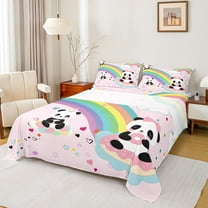 Homewish Cute Unicorn Panda Twin Sheet Sets, Cartoon Stars Rainbow Cloud Twin Fitted Sheet, Kawaii Animal Lover Flat Sheet, Lightweight Room Decor, 3-Piece