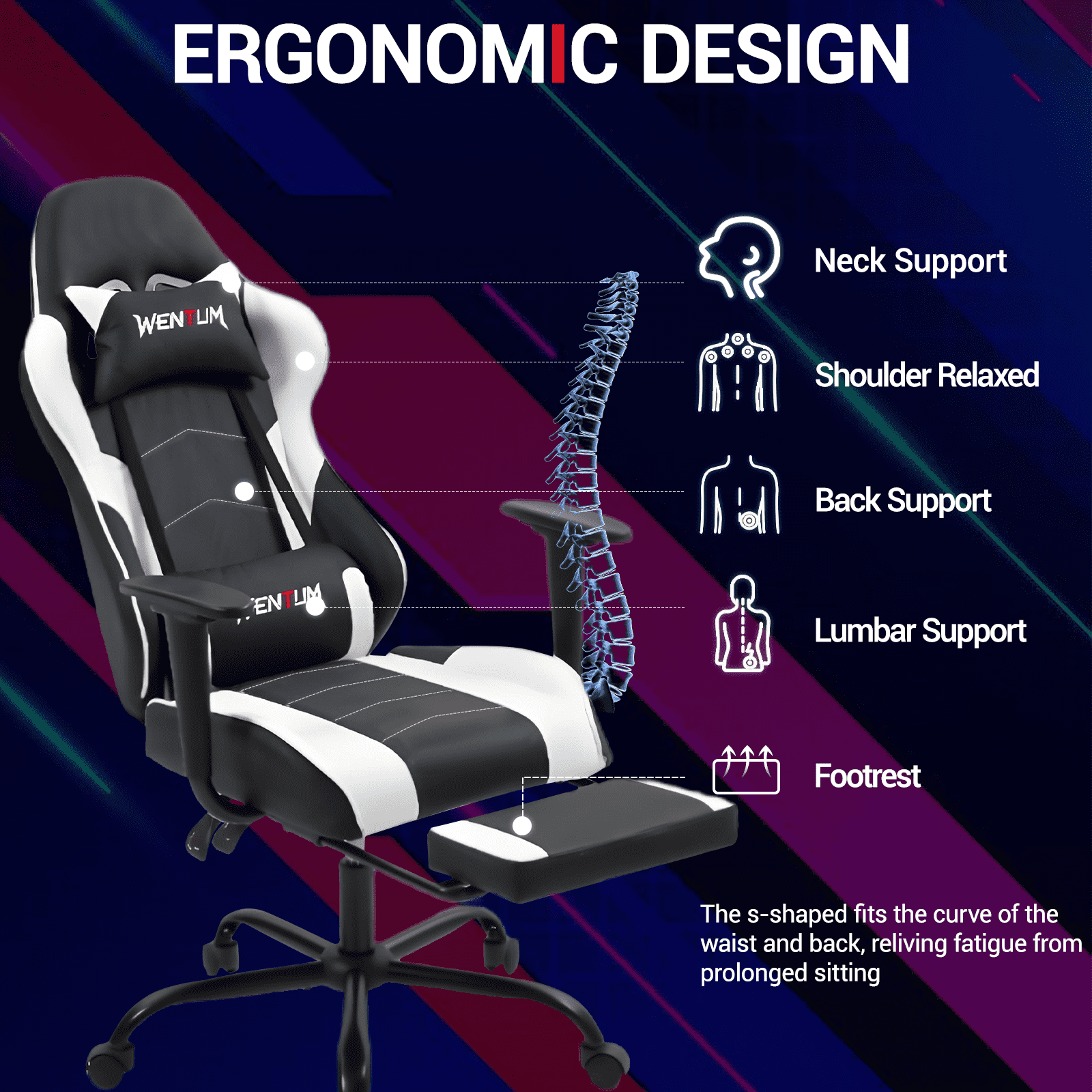 WENTUM Reclining Gaming Chair with Footrest, Massage Racing Office Chair, PU Leather Computer Desk Chair with Head Pillow for Adults, White