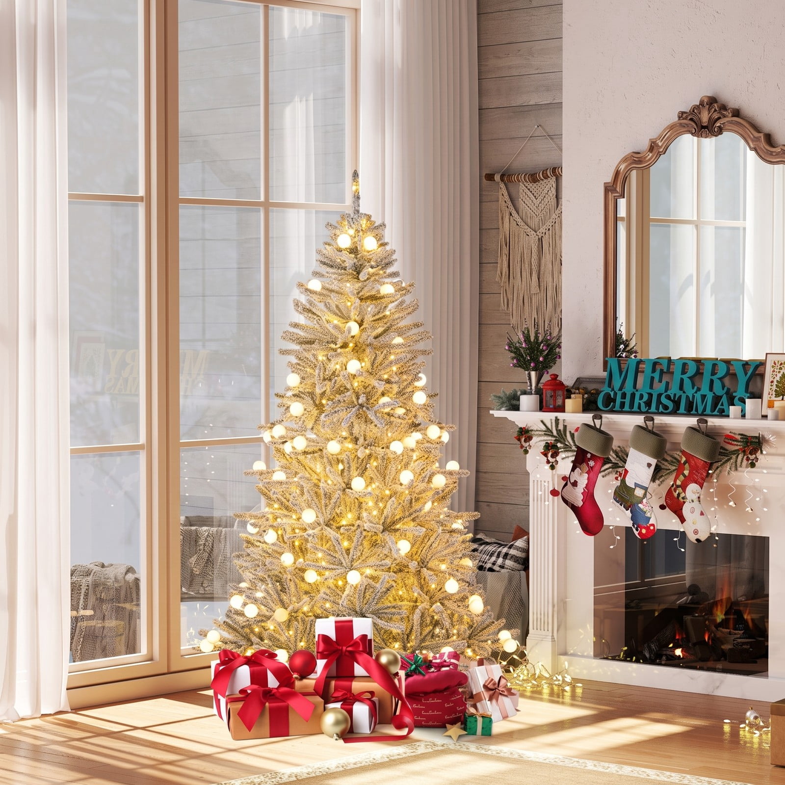 RUIE 6 Feet Pre-lit Snow-Flocked Artificial Christmas Tree, Hinged Xmas Tree with 250 Warm White LED Lights, 51 Sphere Lights, Remote and Timer for, Green & White