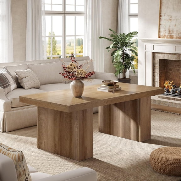 Finmind 47" Farmhouse Coffee Table, Rustic Rectangular Wooden Center Table with Large Tabletop & Thick Base for Living Room, Apartment, Reception Areas, Brown