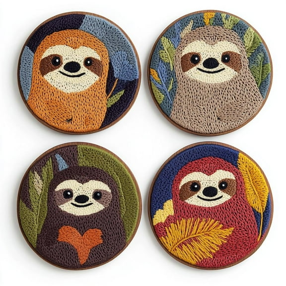 4 Set DIY Punch Needle Coaster Kits Cartoon Cute Sloth Easy for Beginners with Adhesive Felt Hoop Punch Needle Embroidery Starter Set with Pattern for Drink Cups Mat Home Decor-10