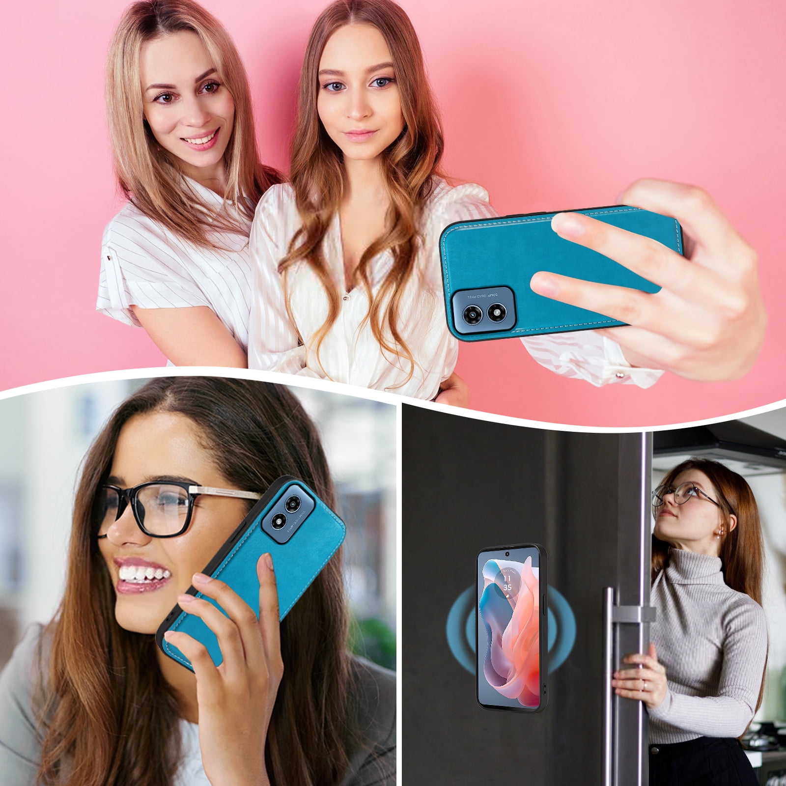 Asuwish Phone Case for Motorola Moto G Play 4G 2024 Zipper Wallet Detachable Cell Cover with Tempered Glass Screen Protector Crossbody Strap Flower Flip Card Holder XT2413V XT2413-1 64GB Women Blue